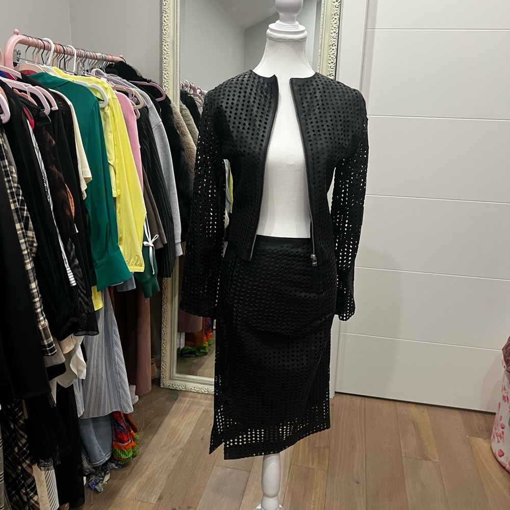 Real Leather Black Textured skirt suit by designer Malika Rajani